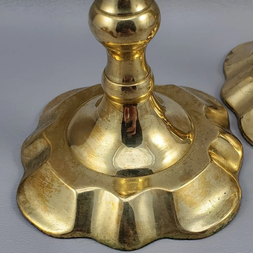 Brass Spindle Tapered Candlesticks Pair Scalloped Base MCM India 8
